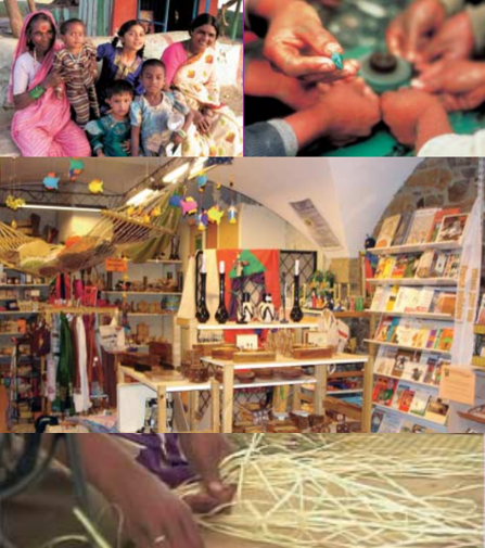 Ensemble de quatre photographies représentant une famille ; des mains échangeant des produits ; un magasin d'artisanat ; des mains de femme travaillant de la paille